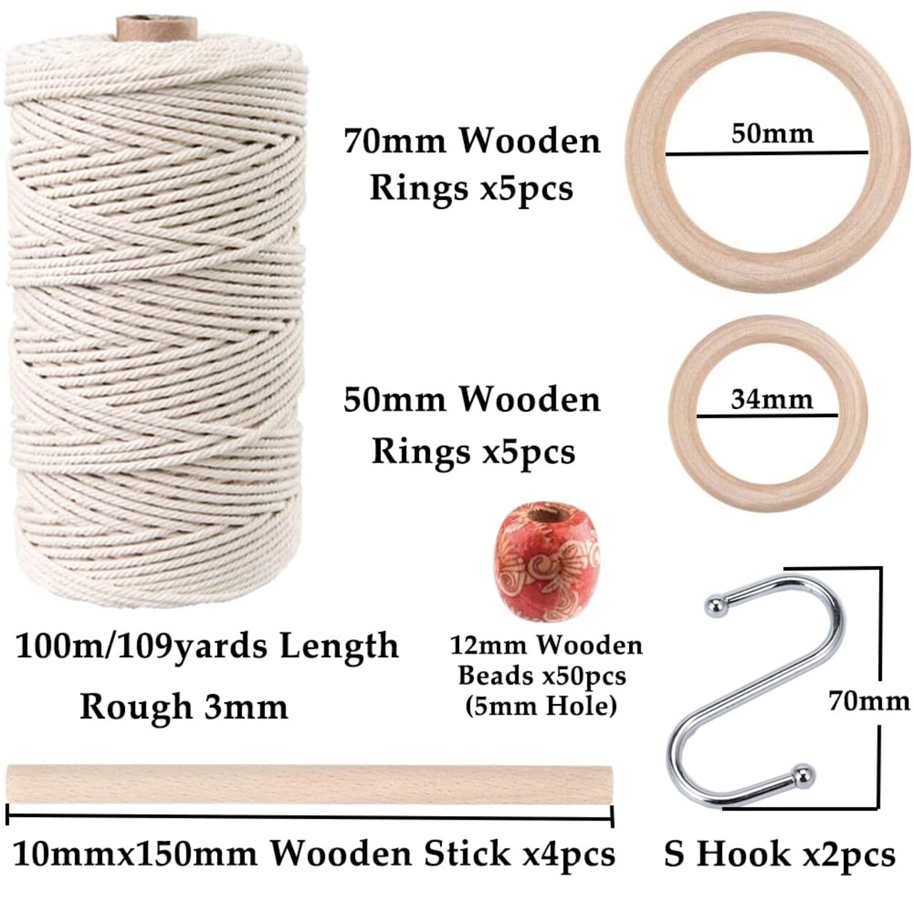 119 Pieces Macrame Kits for Starter 3mm x 109Yards Natural Cotton Macrame Cord with 100pcs Wooden Beads,10pcs Wooden Rings,Wooden Sticks,Metal Rings,S Hooks Macrame Supplies for Plant Hangers